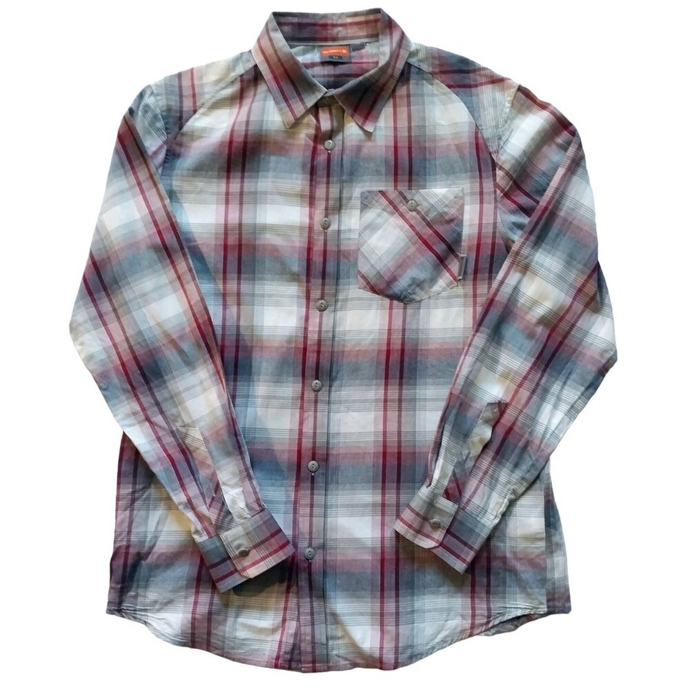 Merrell Mens Plaid Long Sleeve Button-Up Shirt M Red & Blue Classic Outdoor
